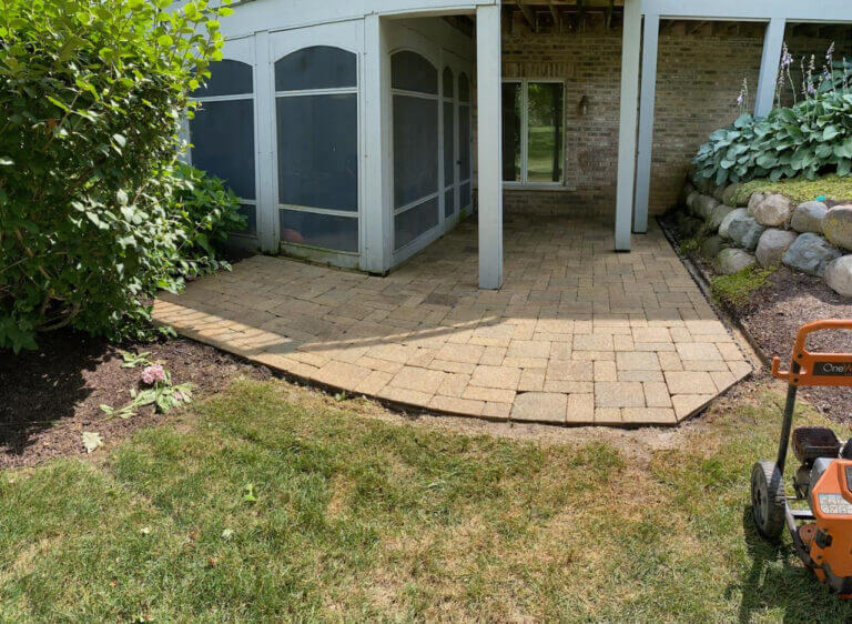 Backyard with freshly installed patio area